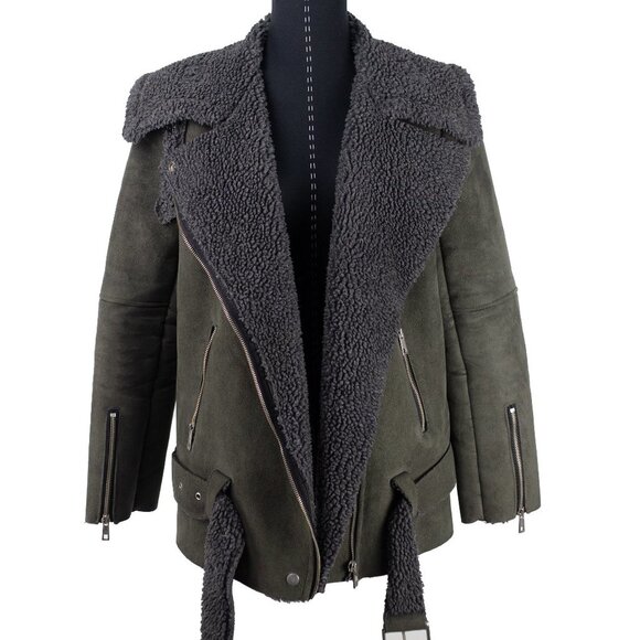 Olive Green Shearling Women's Jacket - Picture 1 of 7